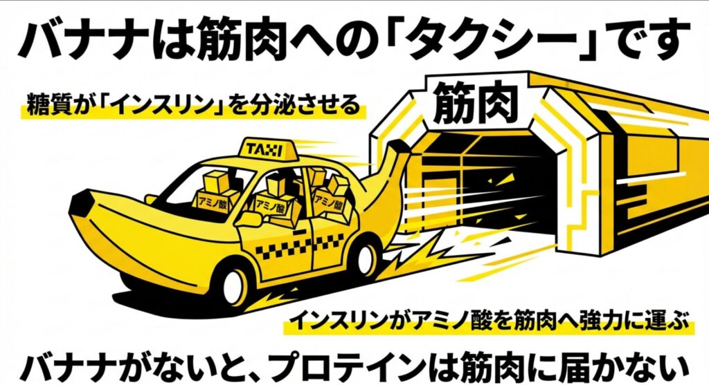 インスリンがアミノ酸を筋肉へ強力に運ぶ様子をタクシーに例えた図解