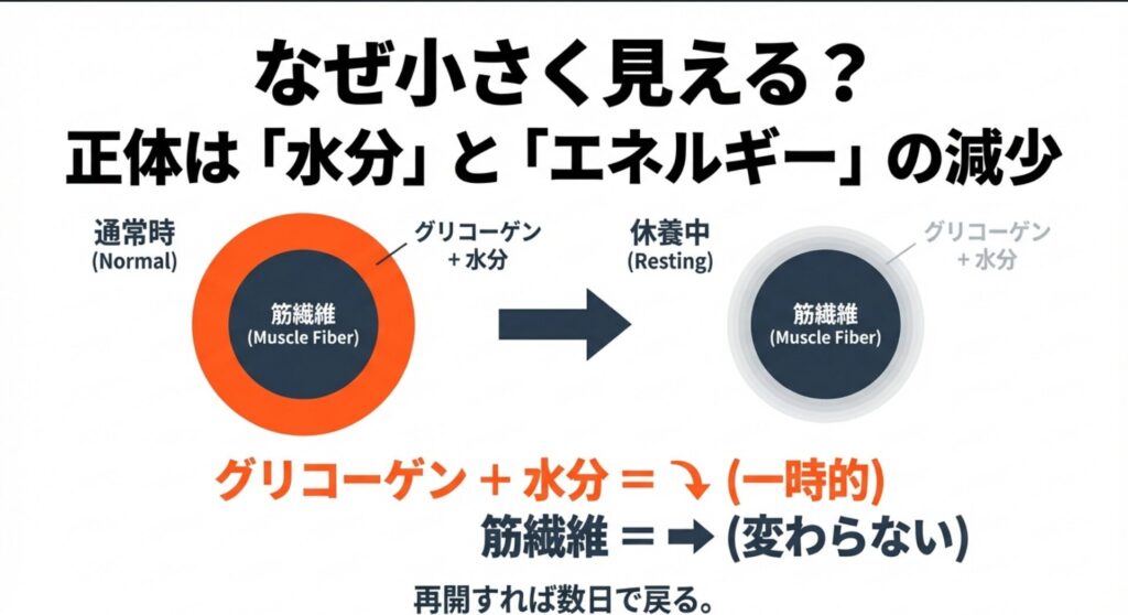 筋繊維は変わらずグリコーゲンと水分だけが減少して細く見える仕組みの比較図