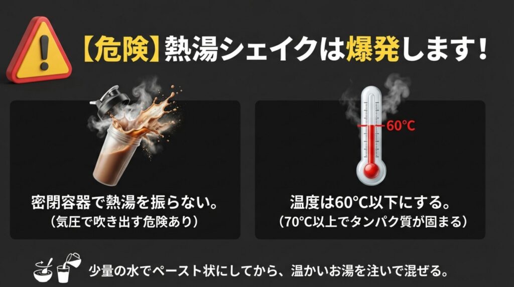 シェイカー爆発の危険警告と、タンパク質が固まらない60度以下の温度管理の注意点
