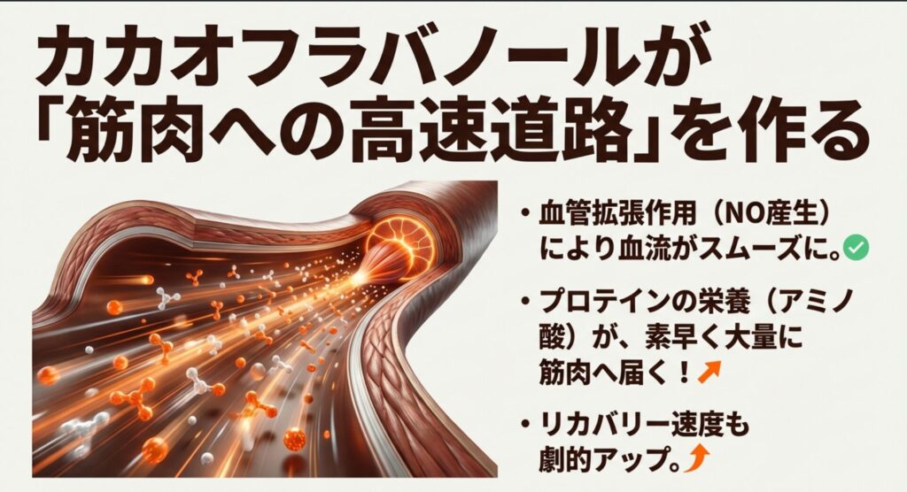 カカオフラバノールが血管を拡張し、アミノ酸を筋肉へ素早く運ぶ仕組みの図解