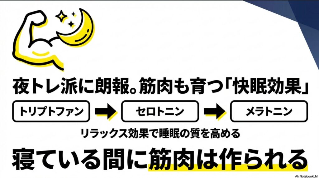 トリプトファンがセロトニン・メラトニンに変わり睡眠の質を高める様子を示した画像