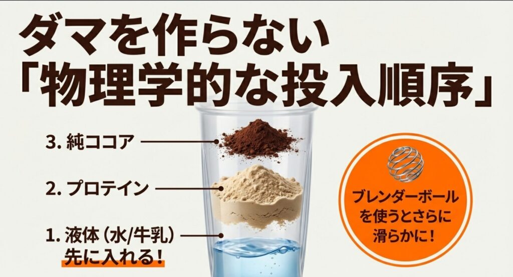 液体、プロテイン、ココアの順で投入する物理学に基づいた混ぜ方の図解