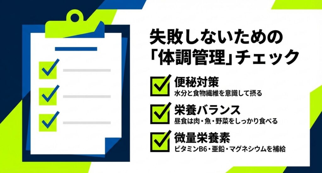便秘対策、昼食の栄養バランス、微量栄養素(ビタミンB6・亜鉛・マグネシウム)の補給に関するチェックリスト