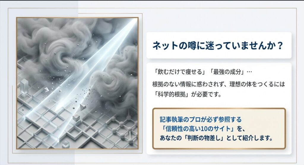 ネットの噂や根拠のない情報に惑わされず、科学的根拠に基づいた「正しい判断基準」を持つことの重要性を説くスライド。