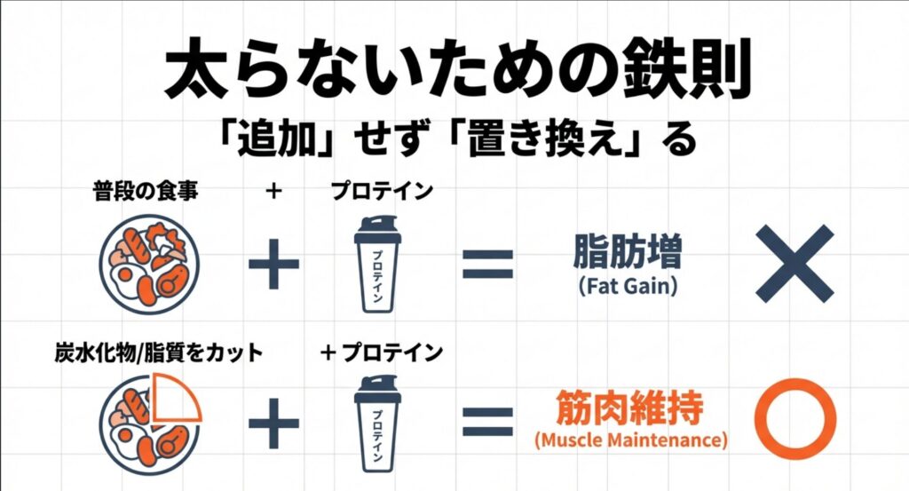 普段の食事に追加せず炭水化物をカットしてプロテインに置き換える太らない工夫
