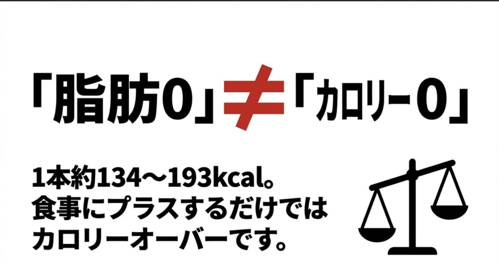 ザバス1本あたりのカロリー目安（134~193kcal）と、食事にプラスする際のカロリー過剰への注意を示す天秤のイラスト