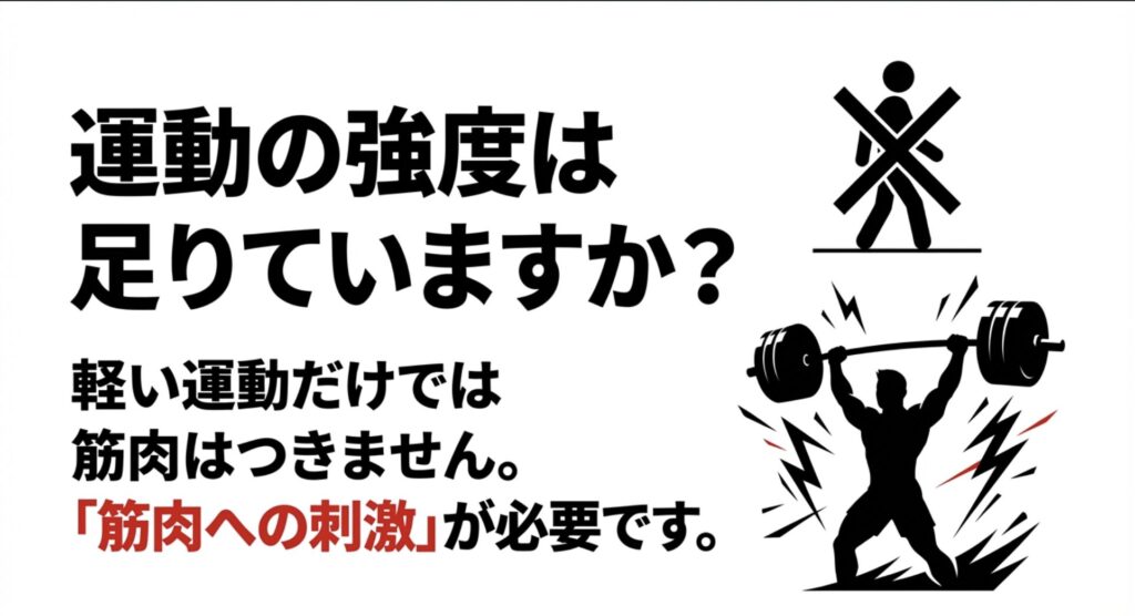 軽い運動だけでは筋肉がつかないことを説明し、筋肉への強い刺激が必要であることを示すイラスト