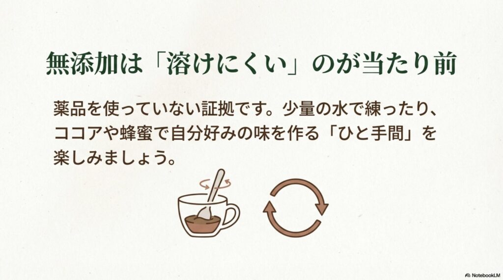 無添加プロテインが溶けにくいのは薬品不使用の証拠であることと、少量の水で練るなどのコツを紹介するイラスト