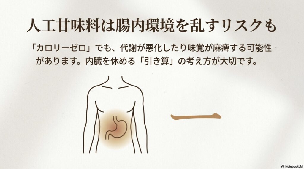 カロリーゼロでも代謝悪化や味覚麻痺を招くリスクがある人工甘味料と、内臓を休める引き算の考え方の図解