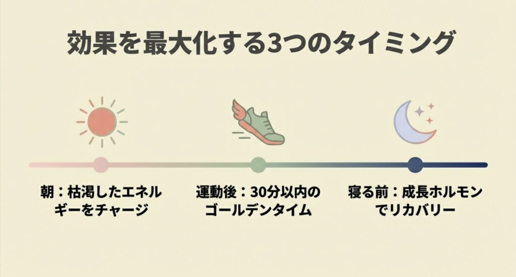 朝・運動後・寝る前の3つのタイミングとその効果のまとめ