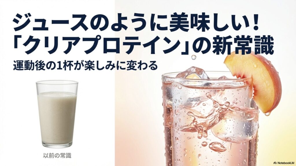 グラスに入った乳白色の通常プロテインと透明感のあるクリアプロテインの比較画像