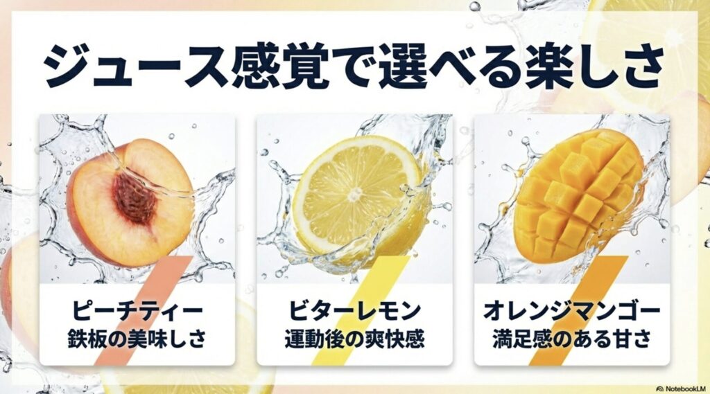 ピーチティー、ビターレモン、オレンジマンゴーなど人気の味を紹介するスライド