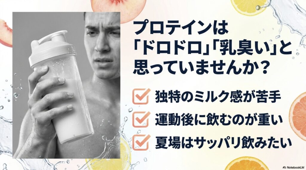 「ドロドロ」「乳臭い」といった従来のプロテインに対する不満点を示すスライド資料