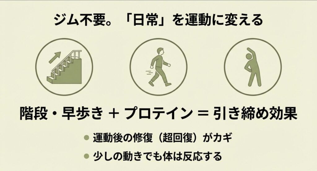 階段利用や早歩きにプロテインを合わせる超回復のイメージ