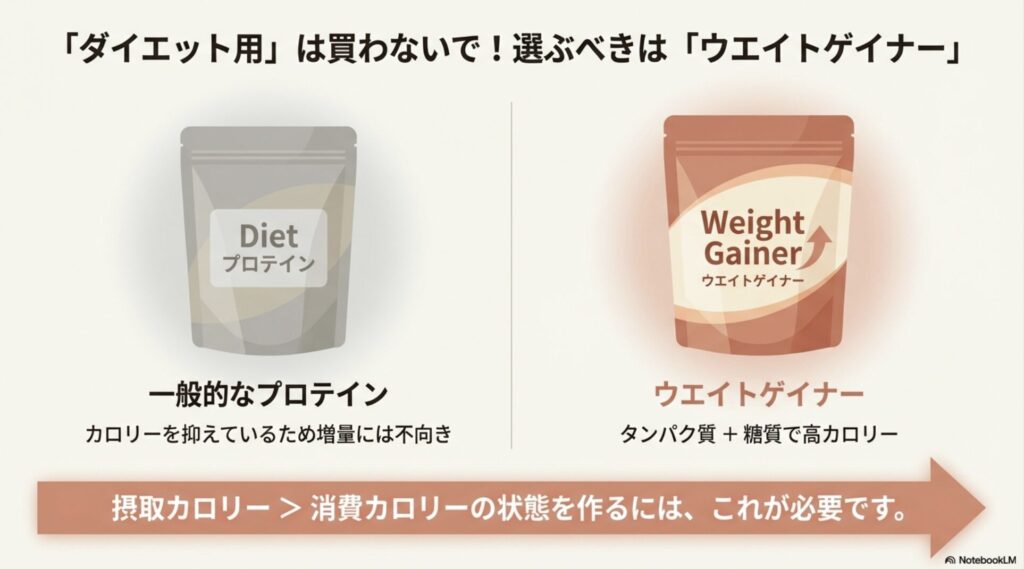 ダイエット用の低カロリープロテインと、糖質配合で高カロリーな増量用ウエイトゲイナーの比較解説図