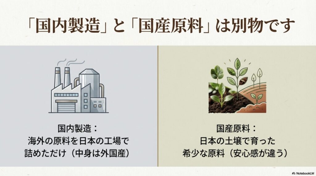 海外原料を詰めただけの国内製造と、日本の土壌で育った希少な国産原料の違いを説明するイラスト