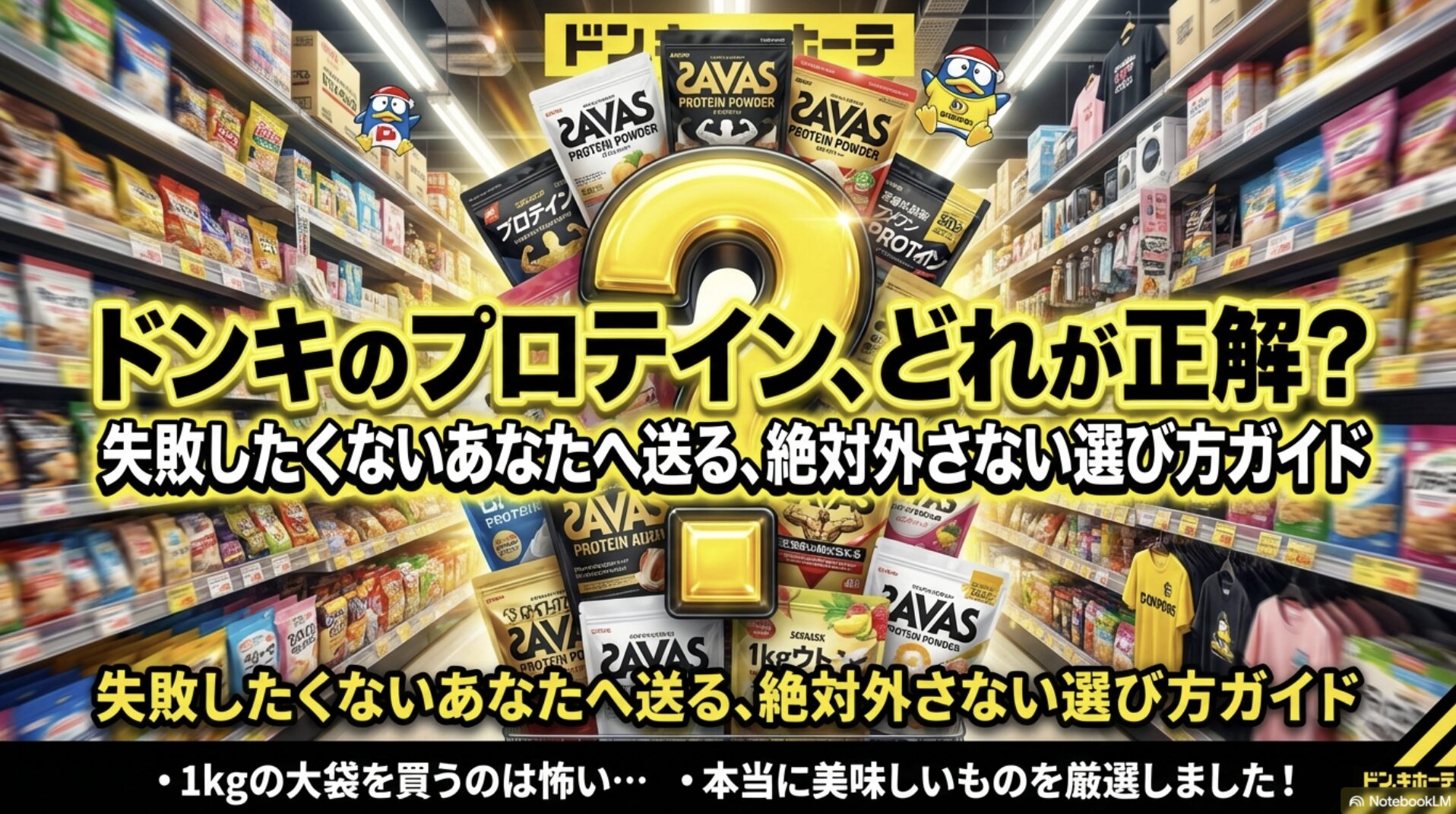 ドンキのプロテインで失敗したくない人へ送る、絶対外さない選び方ガイドの表紙スライド。