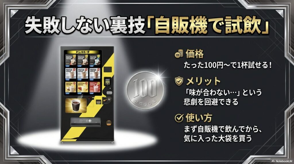 1杯100円から試飲できるドンキのプロテイン自販機のメリットと、大袋を買う前に試す使い方を解説したスライド。