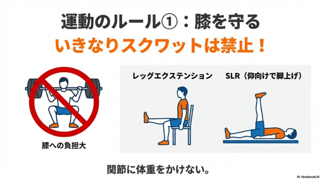 膝への負担を避けるためにレッグエクステンションやSLRを推奨する解説