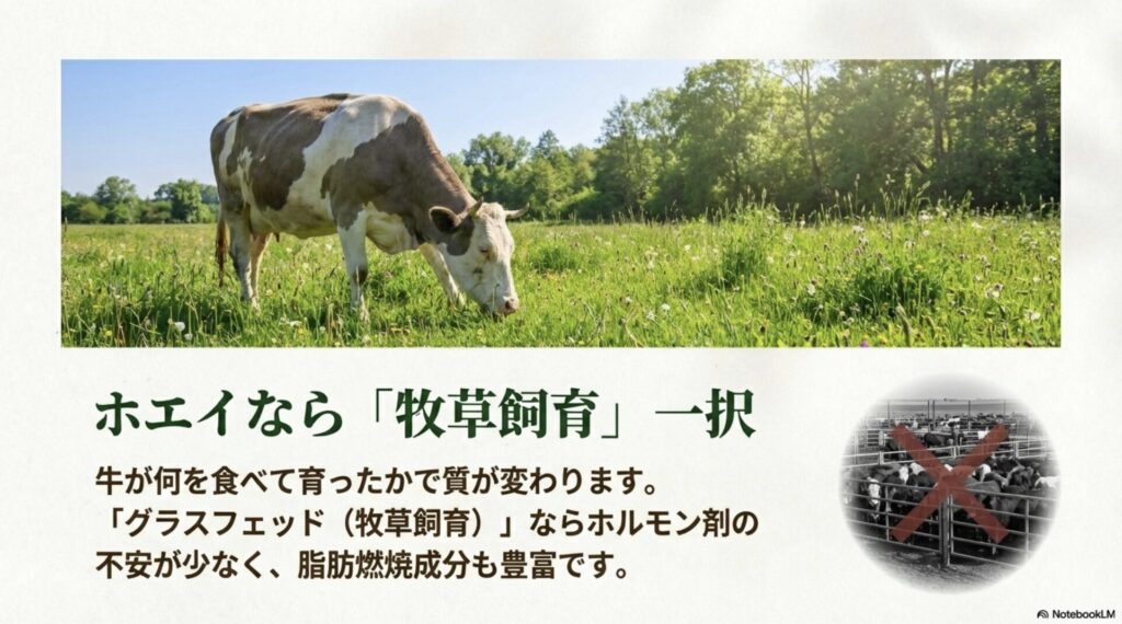 ホルモン剤の不安が少なく、脂肪燃焼成分が豊富な牧草飼育（グラスフェッド）牛のプロテインのメリット