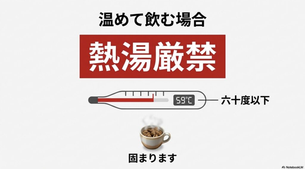 60度以上の熱湯を使うとプロテインが固まってしまうため、60度以下を推奨する警告