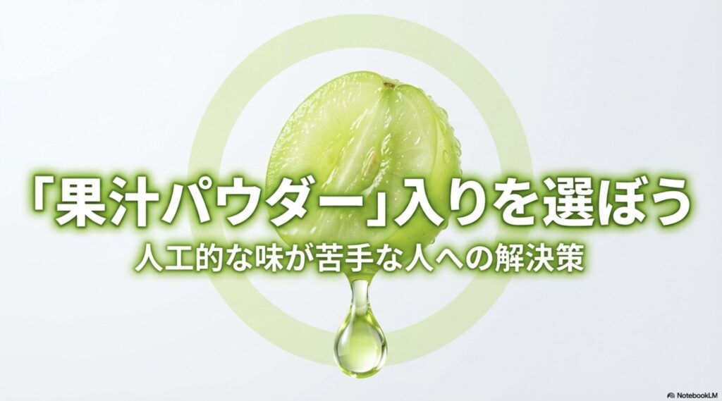 人工的な味が苦手な人は果汁パウダー入りのプロテインを選ぶのが解決策だと説明するスライド画像