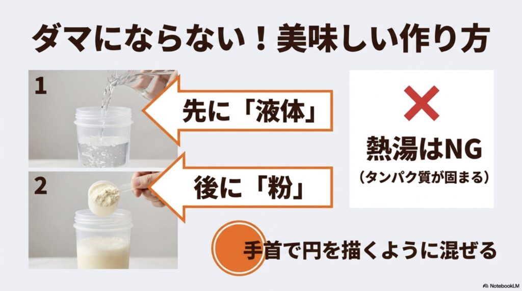 液体を先に入れ、後に粉を入れる正しい手順と、熱湯NGの注意点を解説したプロテインの作り方スライド。