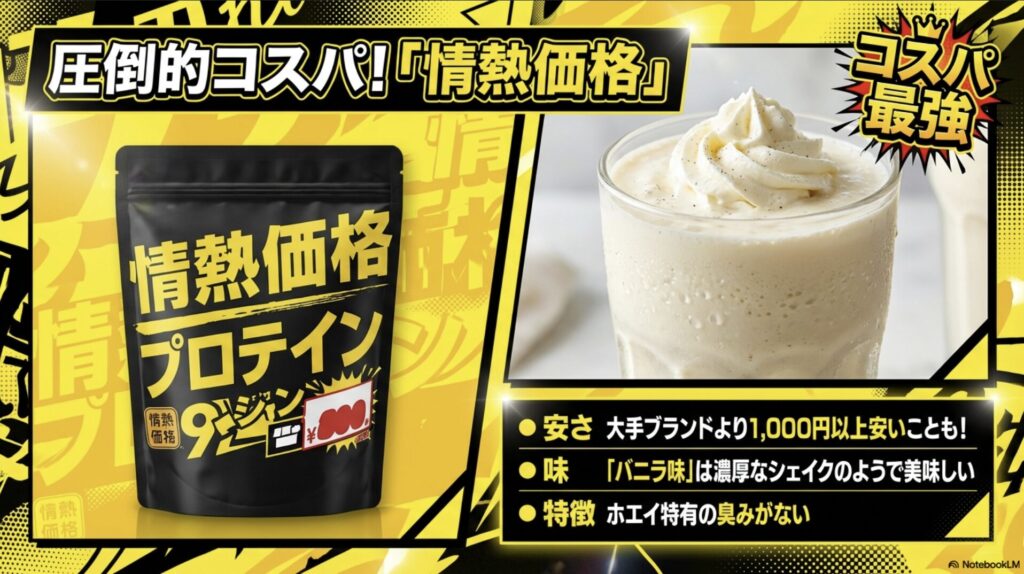 ドンキのプライベートブランド「情熱価格」プロテインの安さと味の特徴(バニラ味が濃厚シェイクのよう)をまとめたスライド。