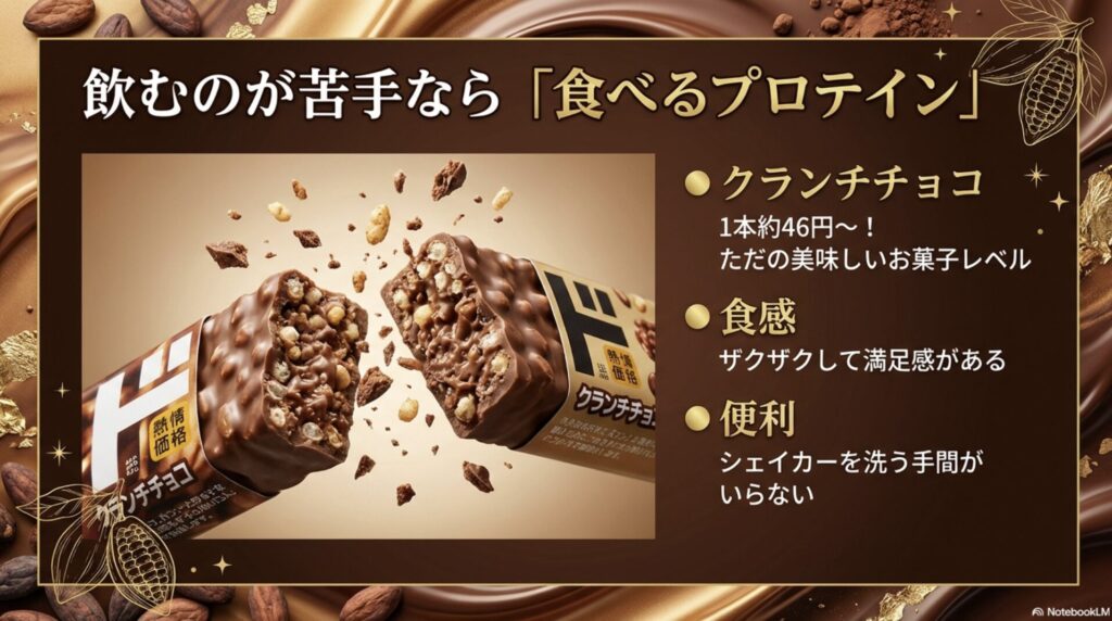 1本約46円でザクザク食感が楽しめる情熱価格のプロテインクランチチョコ(食べるプロテイン)を紹介するスライド。