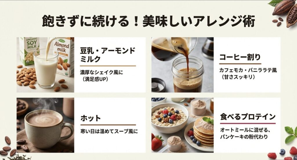 豆乳、アーモンドミルク、コーヒー割りや食べるプロテイン
