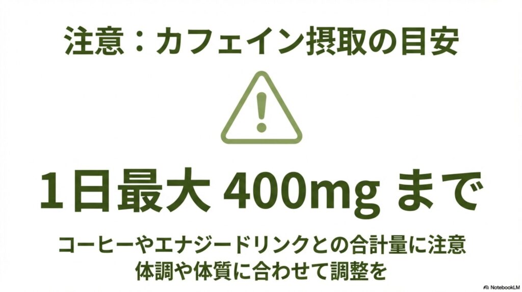 抹茶プロテインに含まれるカフェイン摂取の注意喚起。1日最大400mgまでの目安と、他の飲料との合計量、体質に合わせた調整の重要性を解説。