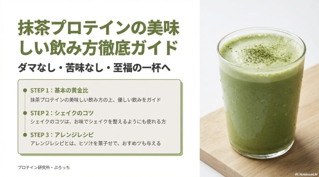 抹茶プロテインの美味しい飲み方を解説する完全ガイドのタイトルスライド。基本の黄金比、シェイクのコツ、アレンジレシピの3ステップを紹介。