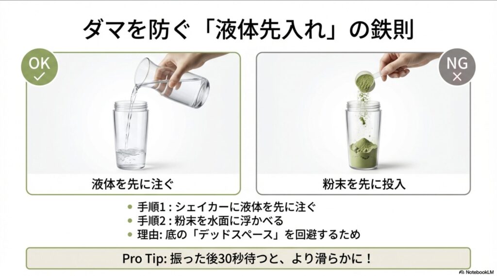 プロテインのダマを防ぐためのOK例とNG例の比較画像。液体を先に注いでから粉末を水面に浮かべることで、底のデッドスペースを回避する手順を解説。