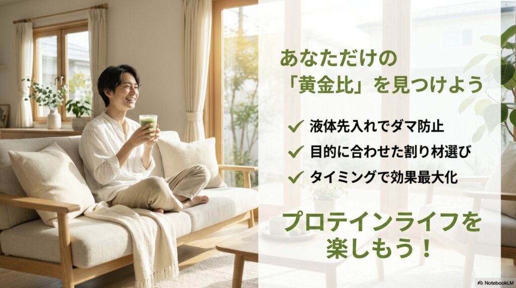 抹茶プロテイン完全ガイドのまとめスライド。液体先入れ、目的に合わせた割り材、適切なタイミングの3点をおさらいし、楽しむことを推奨。