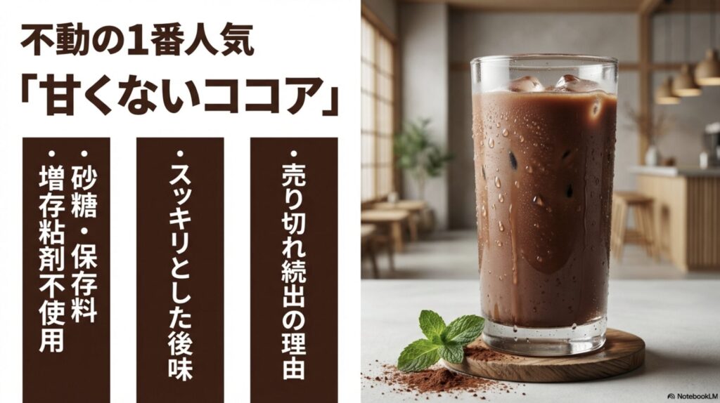 不動の1番人気、甘くないココア味のスッキリした後味と砂糖・保存料不使用の解説