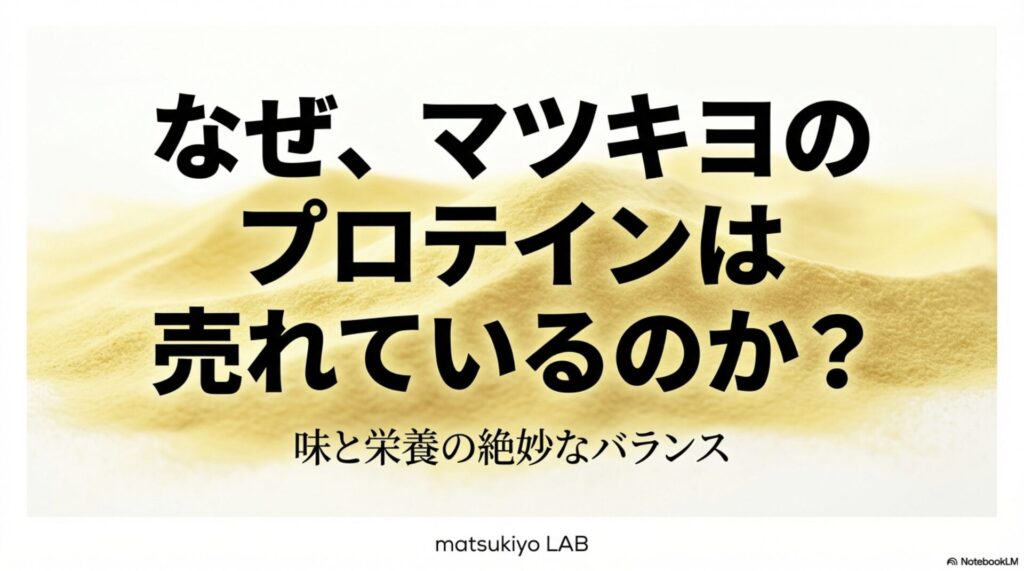なぜマツキヨのプロテインは売れているのか？味と栄養のバランスを解説する表紙スライド