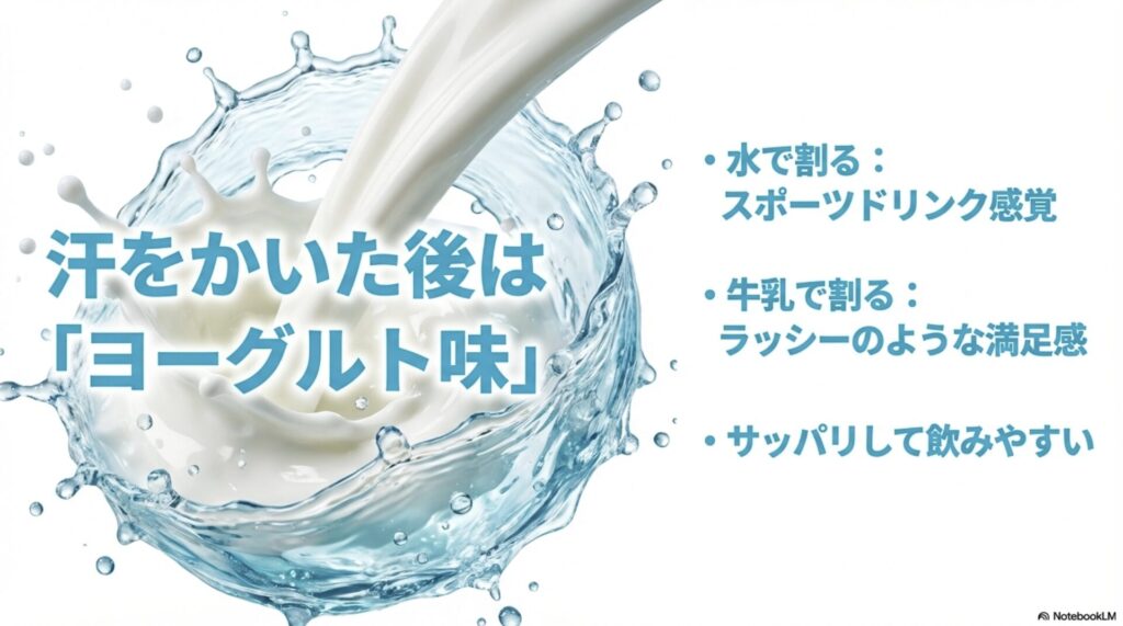 ヨーグルト味を水で割るとスポーツドリンク風、牛乳で割るとラッシー風になる解説