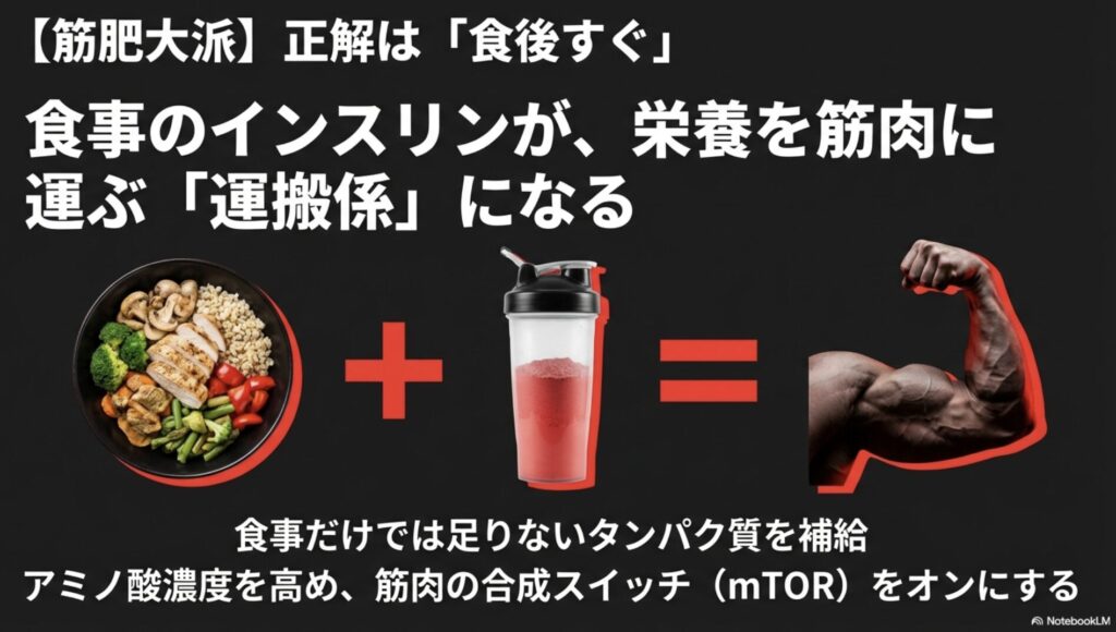筋肥大目的の場合に食後すぐにプロテインを飲むメリットを解説するスライド