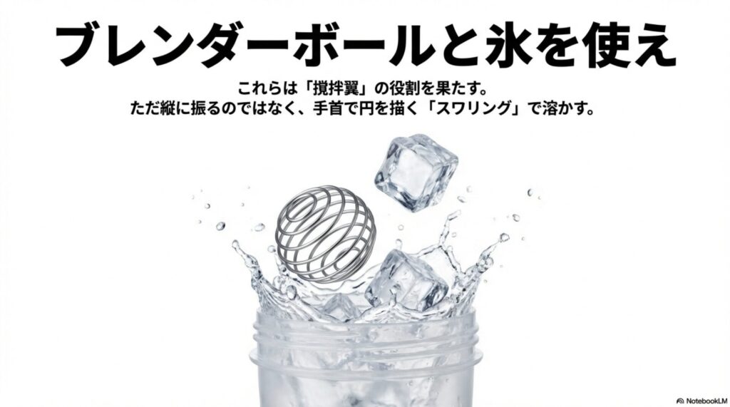 ブレンダーボールと氷が撹拌翼の役割を果たすこと、手首で円を描くスワリングで溶かすコツを解説するスライド。