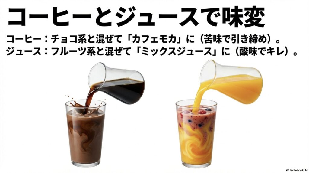 チョコ系をカフェモカ風にするコーヒー活用と、フルーツ系をミックスジュース風にするジュース活用のコツ。