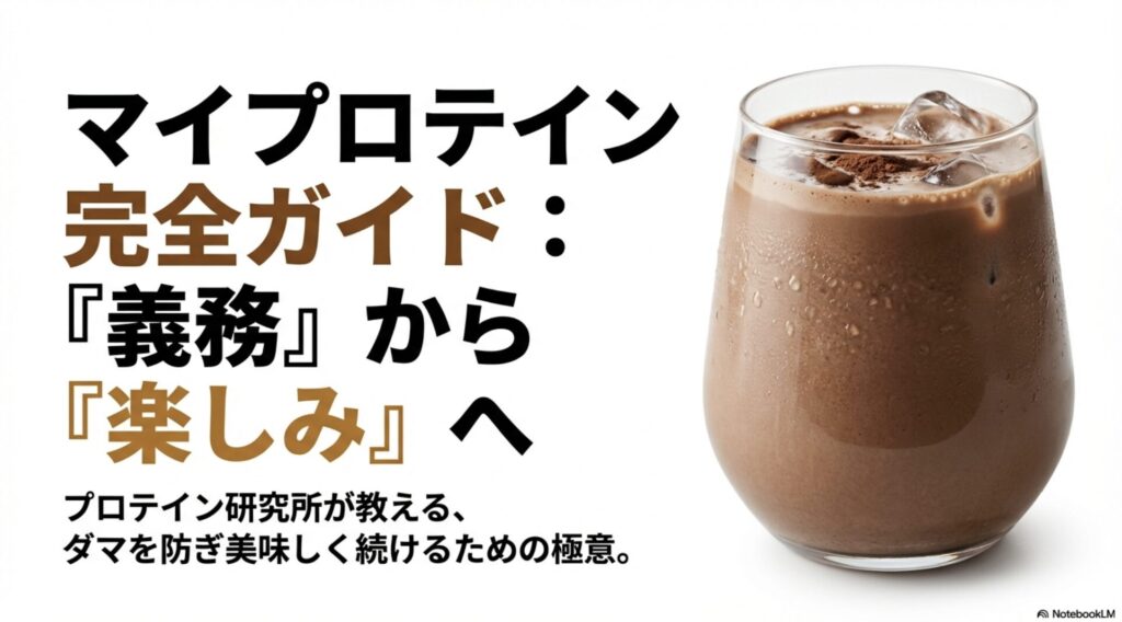 マイプロテインのダマを防ぎ美味しく続けるための極意を解説するプロテイン研究所の完全ガイドスライド。
