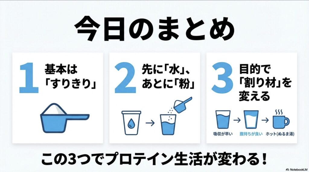 マイプロテインの飲み方の基本（すりきり、水が先、目的別割り材）をまとめたスライド