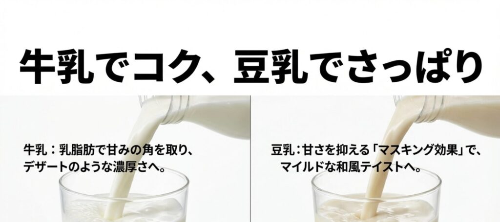 牛乳による濃厚なデザート感と、豆乳のマスキング効果によるマイルドな和風テイストの違いを説明する比較図。