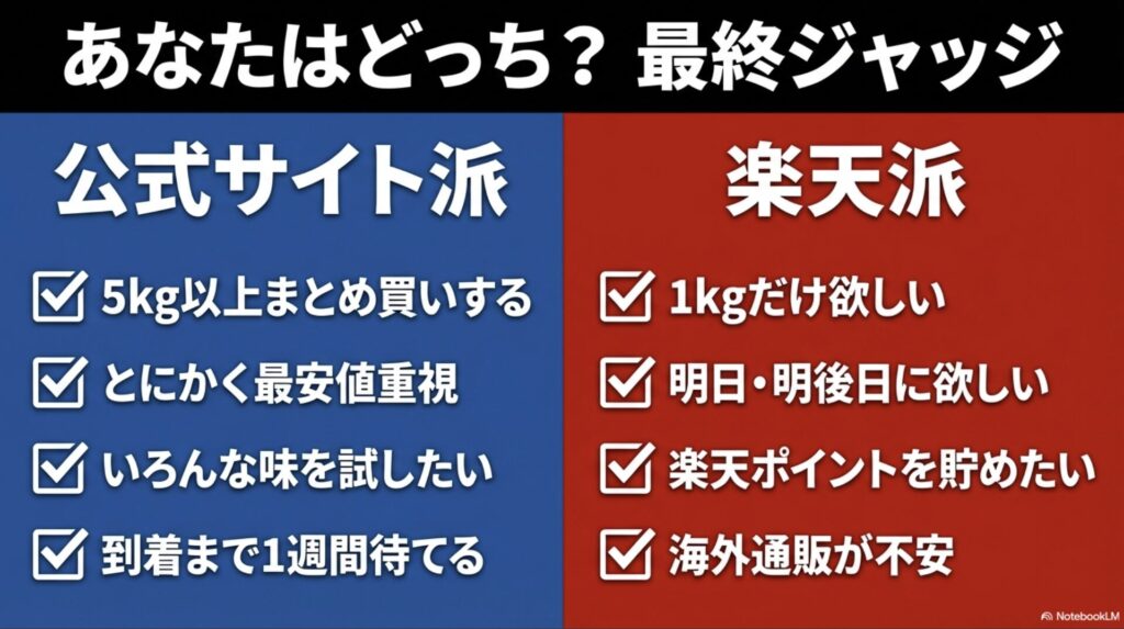 最安値重視やまとめ買い派は公式サイト、スピード重視や1kgだけ欲しい派は楽天という診断チャート