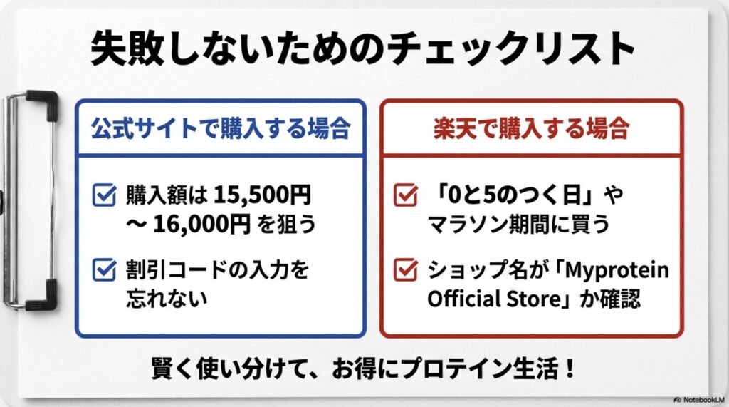 公式サイトの割引コード入力や楽天のショップ名確認など、購入時に失敗しないための確認事項