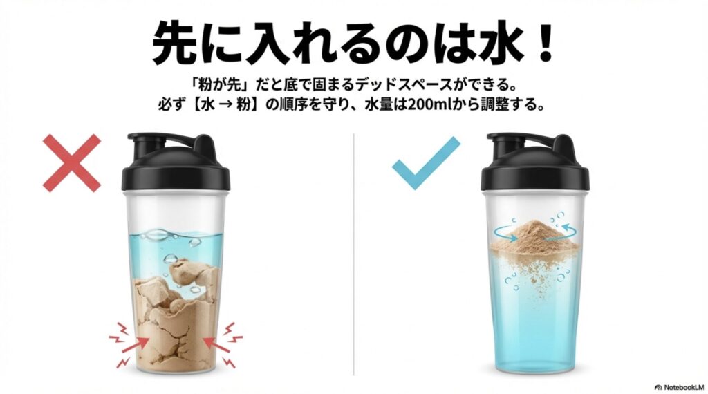 粉を先に入れると底で固まるデッドスペースができるため、必ず水、粉の順で入れることを推奨する図解。