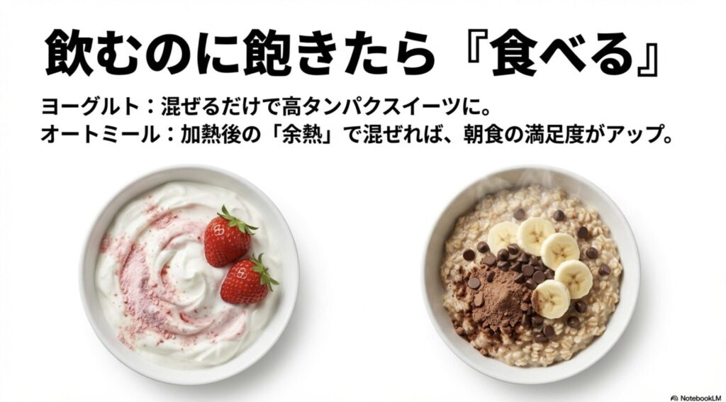 ヨーグルトに混ぜる高タンパクスイーツや、オートミールの余熱で混ぜる朝食アレンジの紹介。