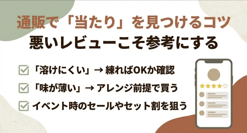 悪いレビューを参考にし、「溶けにくい」「味が薄い」などの情報をアレンジのヒントにする通販での賢い買い方。