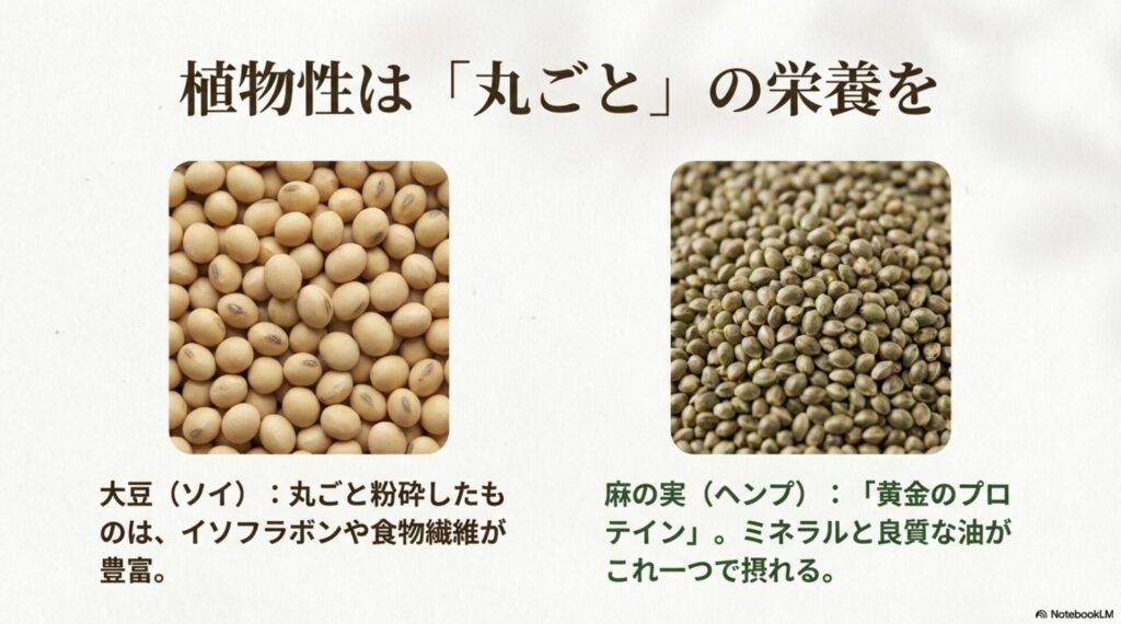 大豆のイソフラボンや食物繊維、麻の実（ヘンプ）のミネラルと良質な油を丸ごと摂れる植物性プロテインの解説