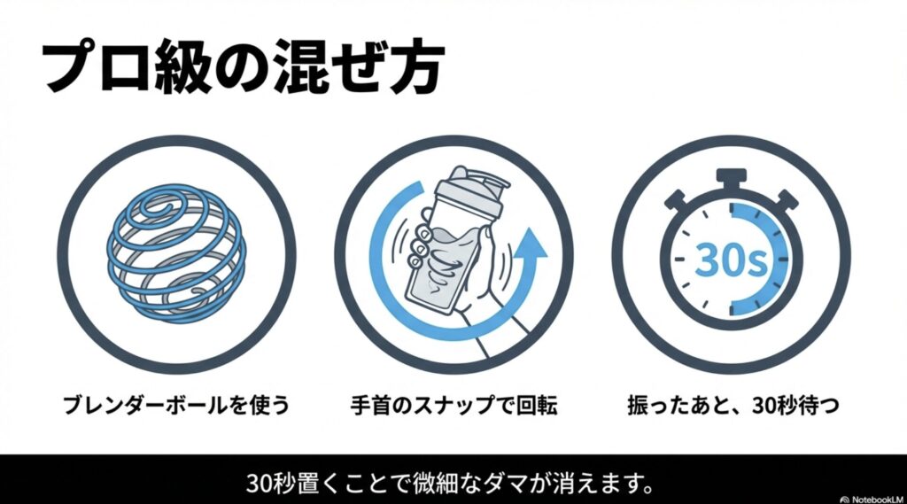 ブレンダーボールを使い手首を回してシェイクした後に30秒待つ、ダマを消す混ぜ方のコツ